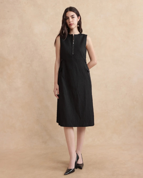 Rareism Women's Zelina Black Cotton Blend Fabric Round Neck Zipper Closure Sleeveless Striped A-Line Knee Length Dress