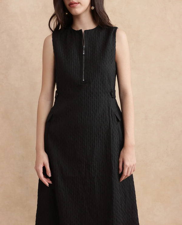 Rareism Women's Zelina Black Cotton Blend Fabric Round Neck Zipper Closure Sleeveless Striped A-Line Knee Length Dress