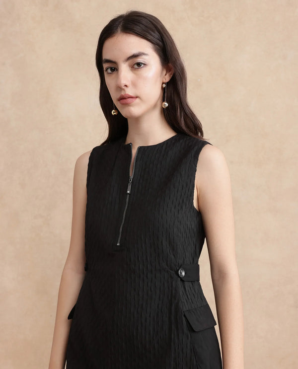 Rareism Women's Zelina Black Cotton Blend Fabric Round Neck Zipper Closure Sleeveless Striped A-Line Knee Length Dress