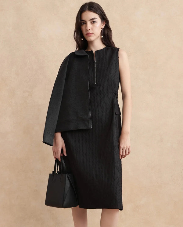 Rareism Women's Zelina Black Cotton Blend Fabric Round Neck Zipper Closure Sleeveless Striped A-Line Knee Length Dress