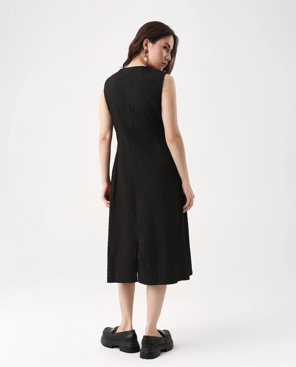 Rareism Women's Zelina Black Cotton Blend Fabric Round Neck Zipper Closure Sleeveless Striped A-Line Knee Length Dress