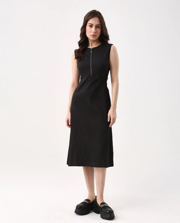 Rareism Women's Zelina Black Cotton Blend Fabric Round Neck Zipper Closure Sleeveless Striped A-Line Knee Length Dress