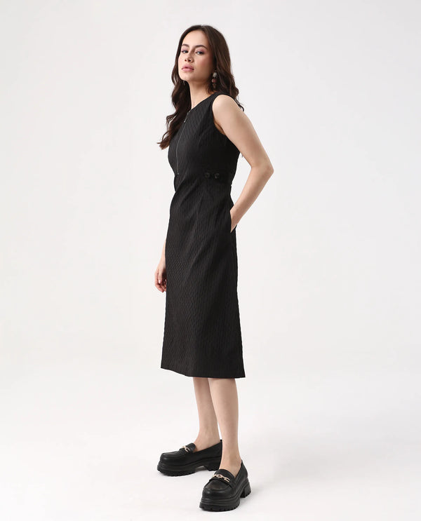 Rareism Women's Zelina Black Cotton Blend Fabric Round Neck Zipper Closure Sleeveless Striped A-Line Knee Length Dress