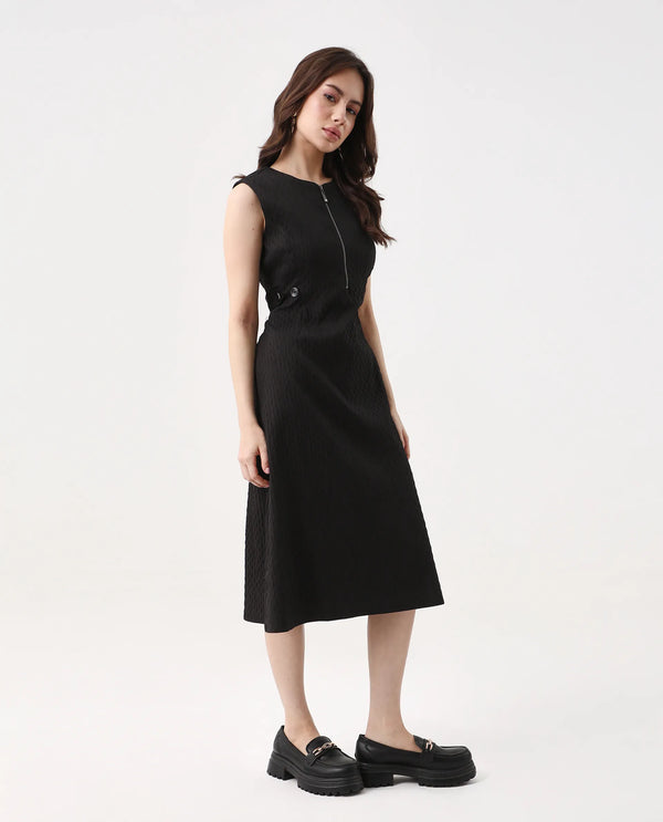 Rareism Women's Zelina Black Cotton Blend Fabric Round Neck Zipper Closure Sleeveless Striped A-Line Knee Length Dress
