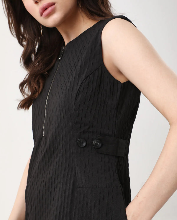 Rareism Women's Zelina Black Cotton Blend Fabric Round Neck Zipper Closure Sleeveless Striped A-Line Knee Length Dress