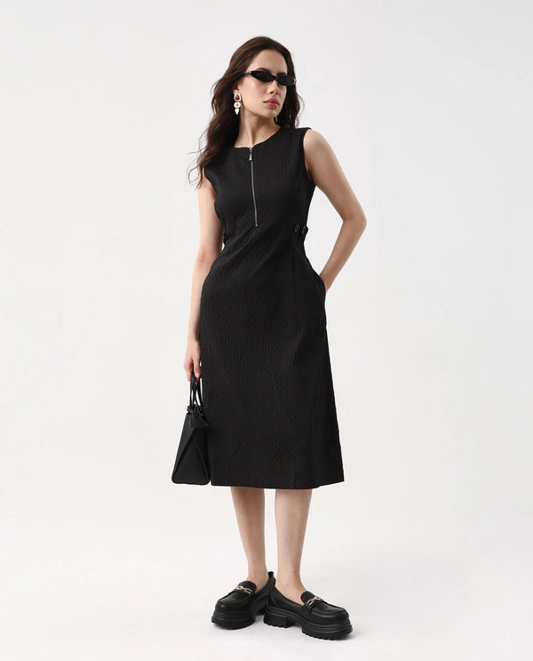 Rareism Women's Zelina Black Cotton Blend Fabric Round Neck Zipper Closure Sleeveless Striped A-Line Knee Length Dress