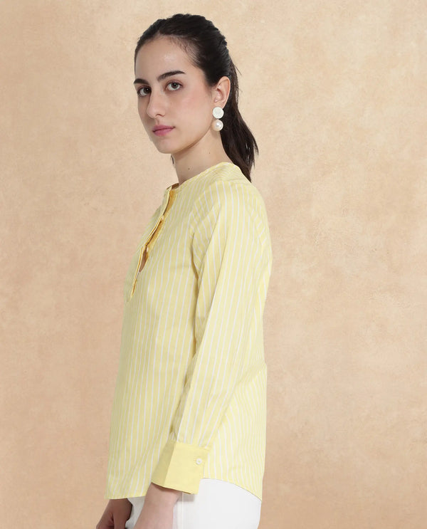 Rareism Women Zelma Yellow Cuffed Sleeve Round Neck Button Narrow Stripes Top
