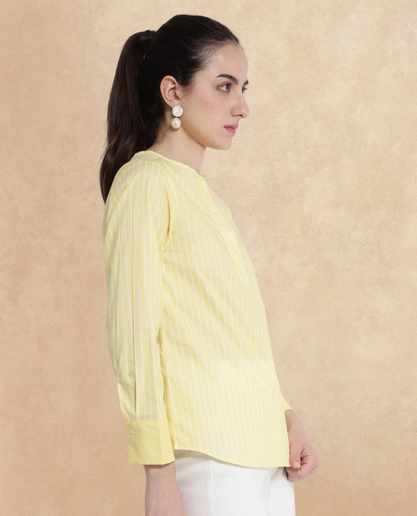 Rareism Women Zelma Yellow Cuffed Sleeve Round Neck Button Narrow Stripes Top
