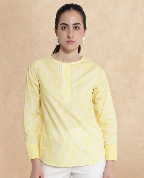 Rareism Women Zelma Yellow Cuffed Sleeve Round Neck Button Narrow Stripes Top