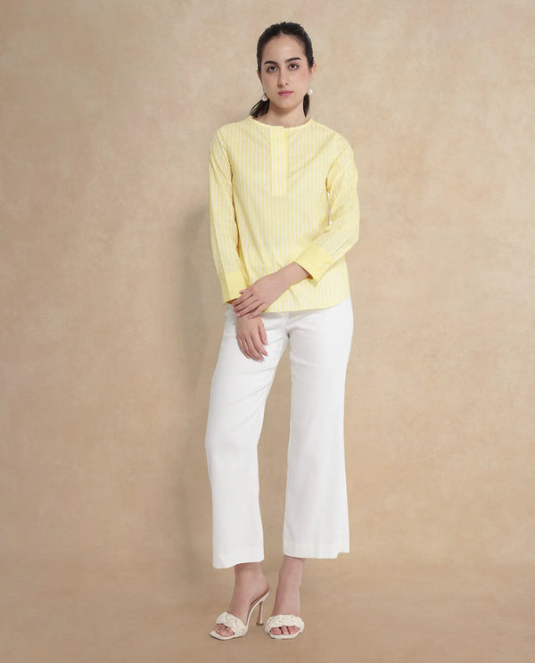 Rareism Women Zelma Yellow Cuffed Sleeve Round Neck Button Narrow Stripes Top