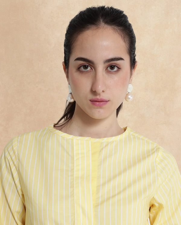 Rareism Women Zelma Yellow Cuffed Sleeve Round Neck Button Narrow Stripes Top