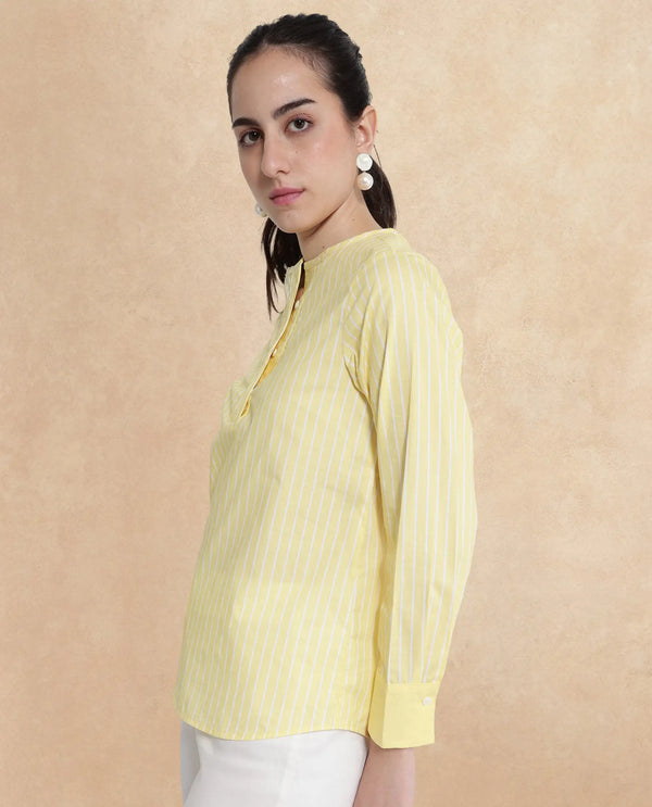 Rareism Women Zelma Yellow Cuffed Sleeve Round Neck Button Narrow Stripes Top