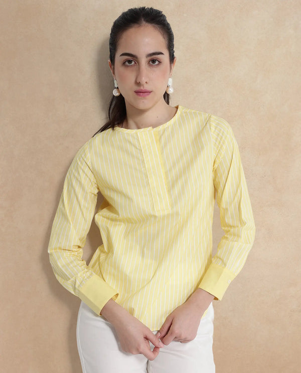 Rareism Women Zelma Yellow Cuffed Sleeve Round Neck Button Narrow Stripes Top