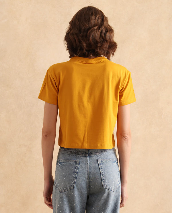 Rareism Women Zenith Dark Mustard Cotton Blend Fabric Short Sleeve Crew Neck Relaxed Fit Cropped Graphic Print T-Shirt