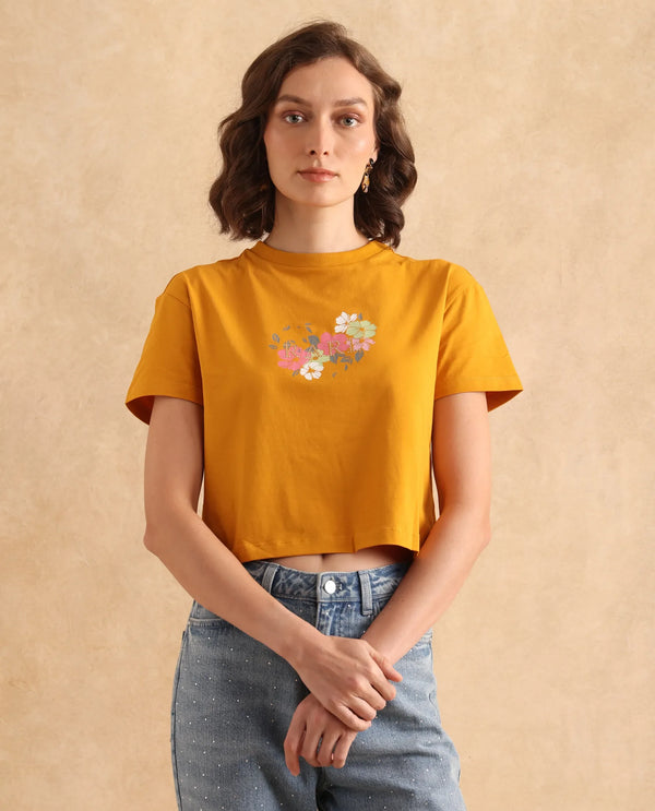 Rareism Women Zenith Dark Mustard Cotton Blend Fabric Short Sleeve Crew Neck Relaxed Fit Cropped Graphic Print T-Shirt