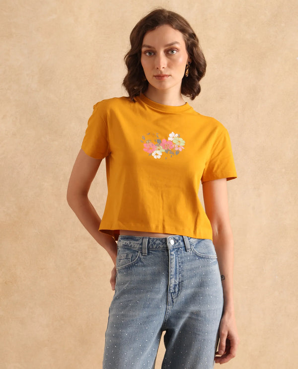 Rareism Women Zenith Dark Mustard Cotton Blend Fabric Short Sleeve Crew Neck Relaxed Fit Cropped Graphic Print T-Shirt