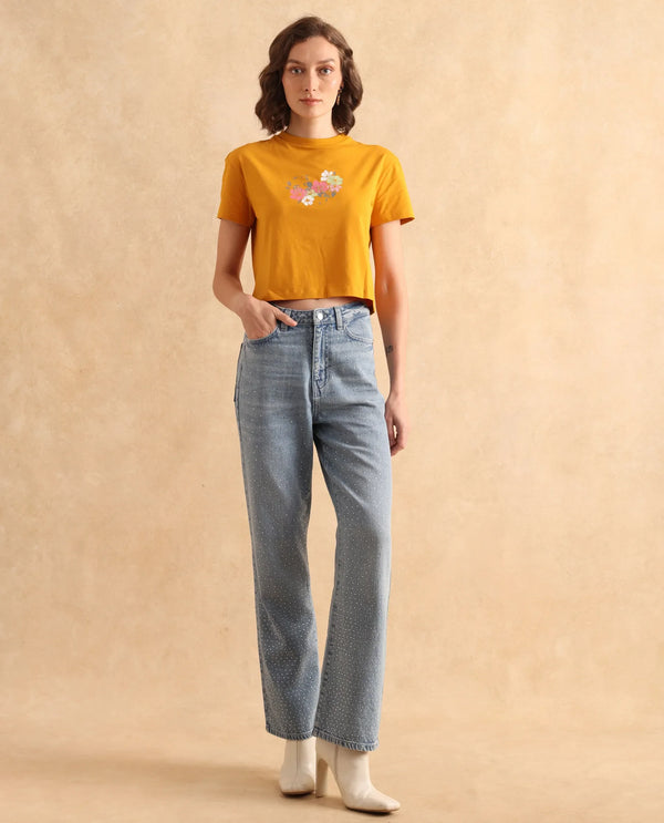 Rareism Women Zenith Dark Mustard Cotton Blend Fabric Short Sleeve Crew Neck Relaxed Fit Cropped Graphic Print T-Shirt