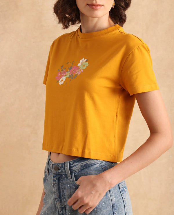 Rareism Women Zenith Dark Mustard Cotton Blend Fabric Short Sleeve Crew Neck Relaxed Fit Cropped Graphic Print T-Shirt