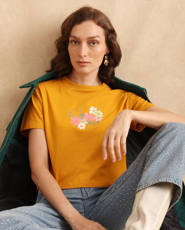Rareism Women Zenith Dark Mustard Cotton Blend Fabric Short Sleeve Crew Neck Relaxed Fit Cropped Graphic Print T-Shirt