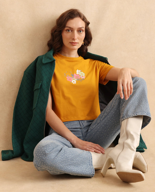 Rareism Women Zenith Dark Mustard Cotton Blend Fabric Short Sleeve Crew Neck Relaxed Fit Cropped Graphic Print T-Shirt
