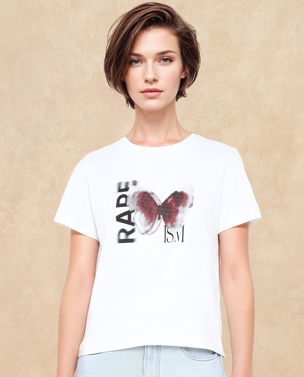 Rareism Women Zenon Off White Cotton Blend Fabric Short Sleeve Crew Neck Graphic Print T-Shirt