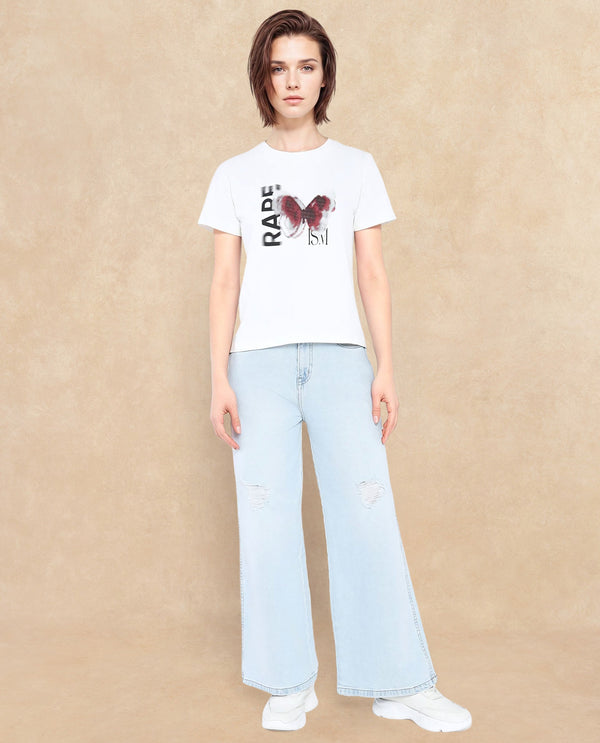 Rareism Women Zenon Off White Cotton Blend Fabric Short Sleeve Crew Neck Graphic Print T-Shirt