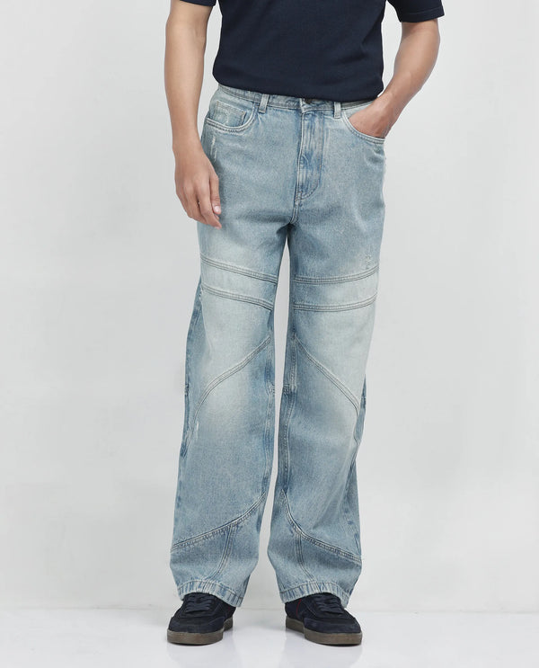 Rare Rabbit Men's Zeret Pastel Blue Cotton Fabric Button And Zip Closure Baggy Loose Fit Plain Jeans