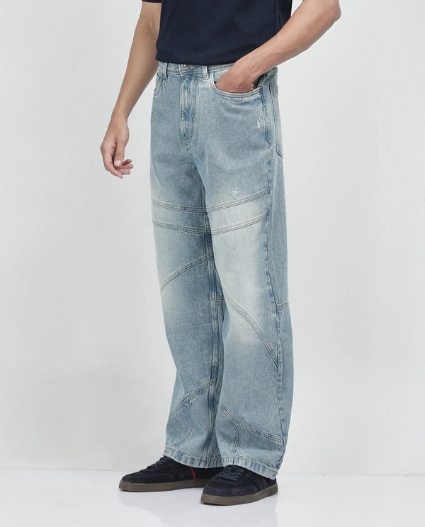 Rare Rabbit Men's Zeret Pastel Blue Cotton Fabric Button And Zip Closure Baggy Loose Fit Plain Jeans