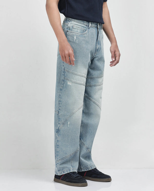 Rare Rabbit Men's Zeret Pastel Blue Cotton Fabric Button And Zip Closure Baggy Loose Fit Plain Jeans