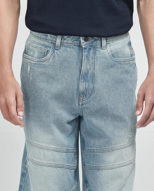 Rare Rabbit Men's Zeret Pastel Blue Cotton Fabric Button And Zip Closure Baggy Loose Fit Plain Jeans