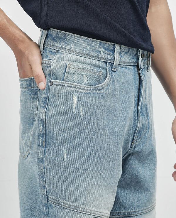 Rare Rabbit Men's Zeret Pastel Blue Cotton Fabric Button And Zip Closure Baggy Loose Fit Plain Jeans