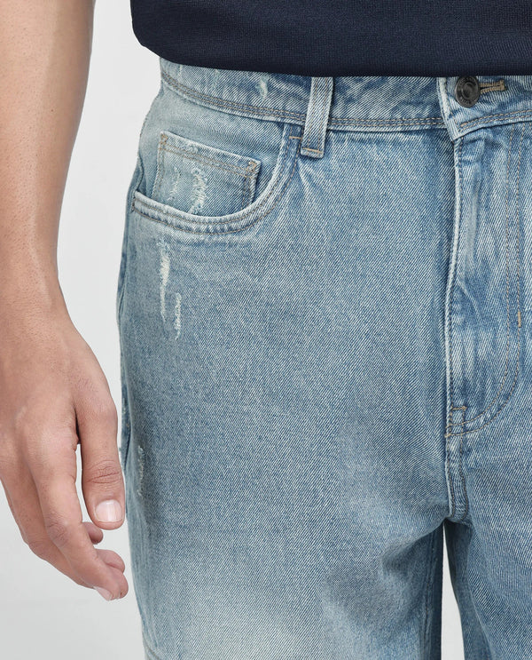 Rare Rabbit Men's Zeret Pastel Blue Cotton Fabric Button And Zip Closure Baggy Loose Fit Plain Jeans