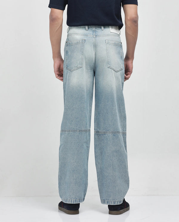 Rare Rabbit Men's Zeret Pastel Blue Cotton Fabric Button And Zip Closure Baggy Loose Fit Plain Jeans