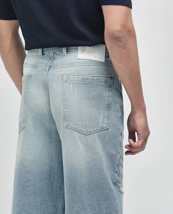 Rare Rabbit Men's Zeret Pastel Blue Cotton Fabric Button And Zip Closure Baggy Loose Fit Plain Jeans