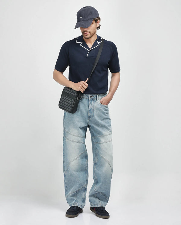 Rare Rabbit Men's Zeret Pastel Blue Cotton Fabric Button And Zip Closure Baggy Loose Fit Plain Jeans