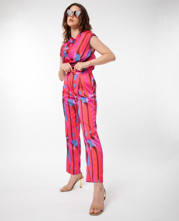 Rareism Women Zersa Pink Polyester Fabric Relaxed Fit Abstract Print Ankle Length Trousers