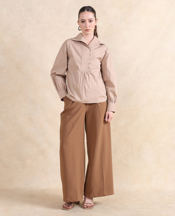 Rareism Women Zes Beige Cotton Fabric Bishop Sleeve Collared Neck Button Closure Relaxed Fit Plain Top