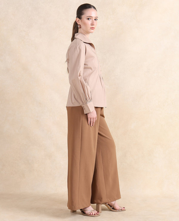 Rareism Women Zes Beige Cotton Fabric Bishop Sleeve Collared Neck Button Closure Relaxed Fit Plain Top