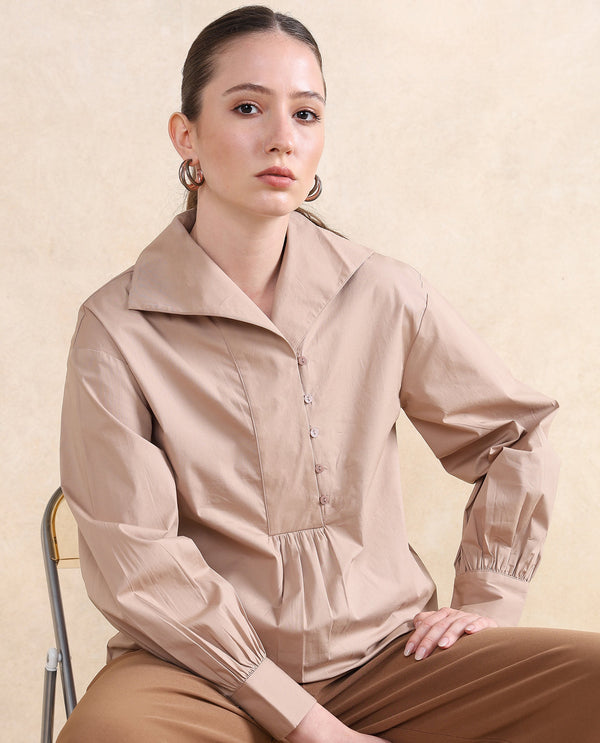 Rareism Women Zes Beige Cotton Fabric Bishop Sleeve Collared Neck Button Closure Relaxed Fit Plain Top