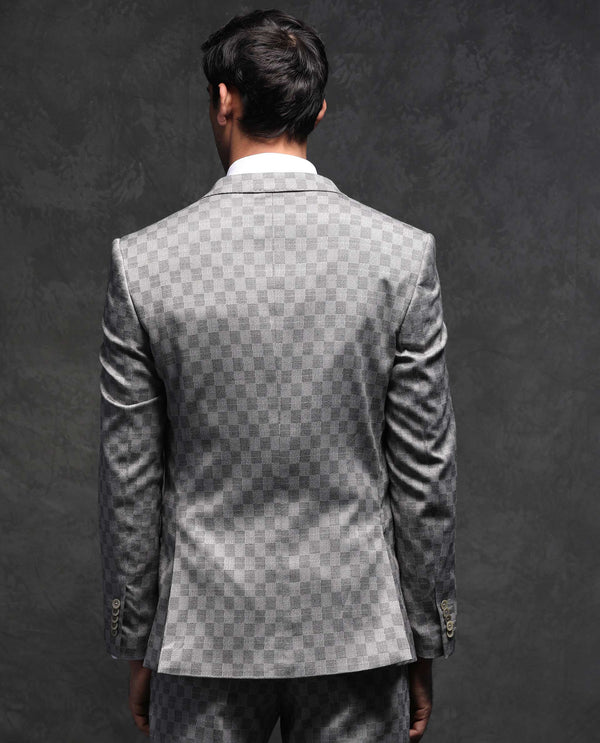 Rare Rabbit Men's Zeta Grey Polyester Viscose Fabric Notch Lapel Button Closure Single Breasted Jacquard Checks Suits