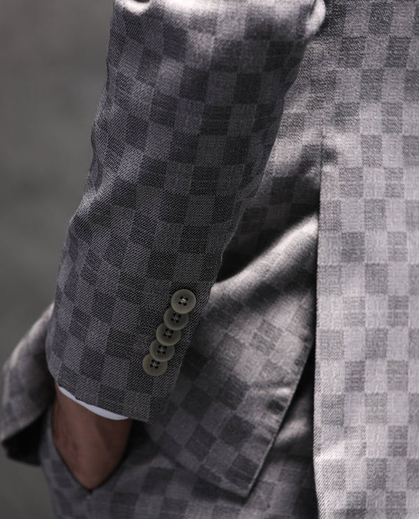 Rare Rabbit Men's Zeta Grey Polyester Viscose Fabric Notch Lapel Button Closure Single Breasted Jacquard Checks Suits
