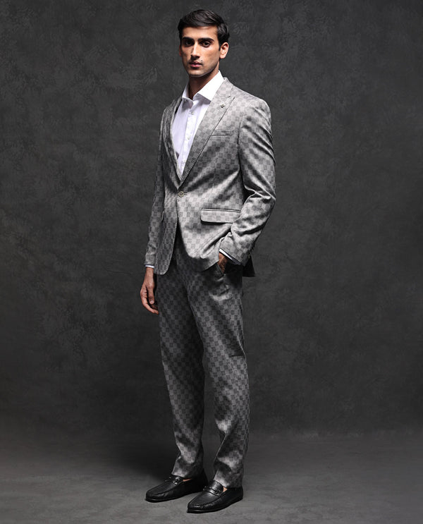 Rare Rabbit Men's Zeta Grey Polyester Viscose Fabric Notch Lapel Button Closure Single Breasted Jacquard Checks Suits