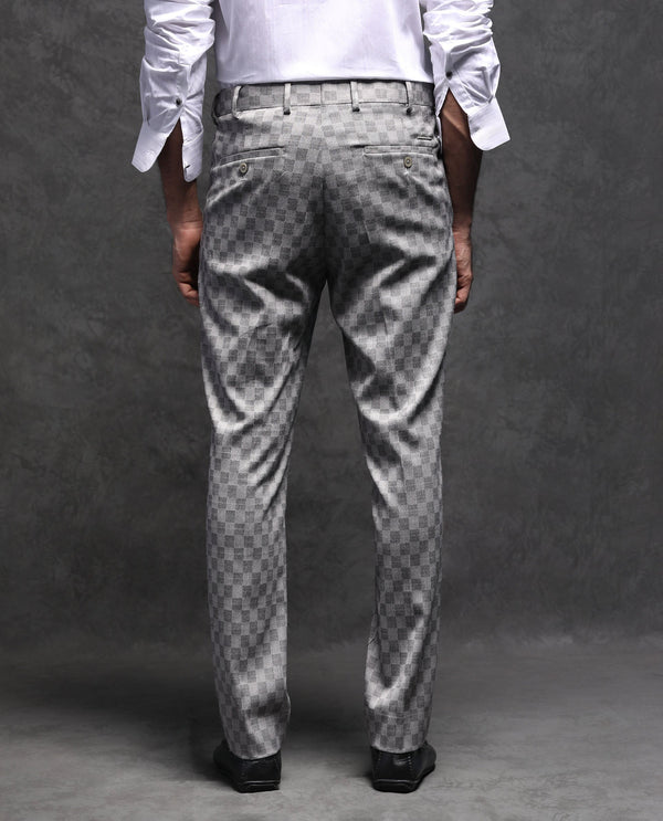 Rare Rabbit Men's Zeta Grey Polyester Viscose Fabric Notch Lapel Button Closure Single Breasted Jacquard Checks Suits