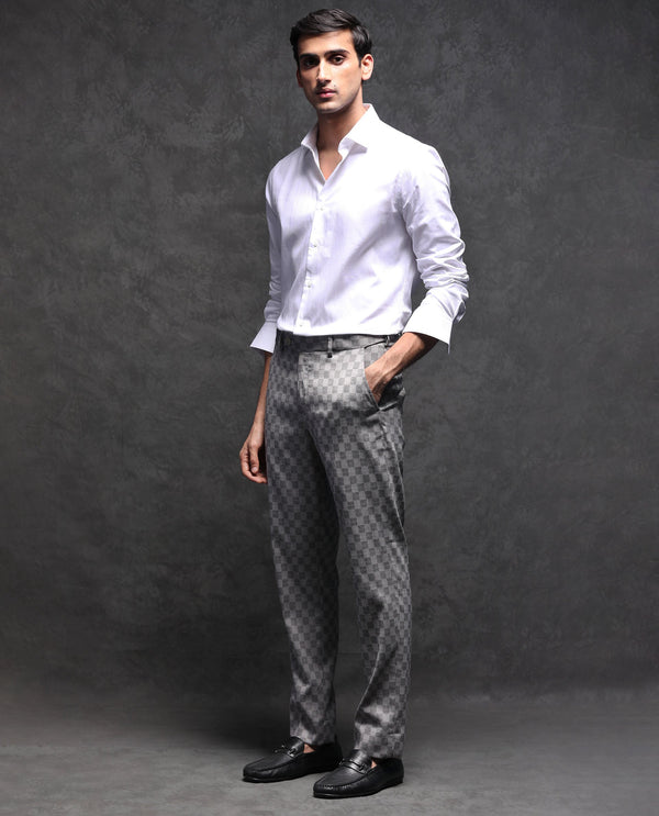 Rare Rabbit Men's Zeta Grey Polyester Viscose Fabric Notch Lapel Button Closure Single Breasted Jacquard Checks Suits