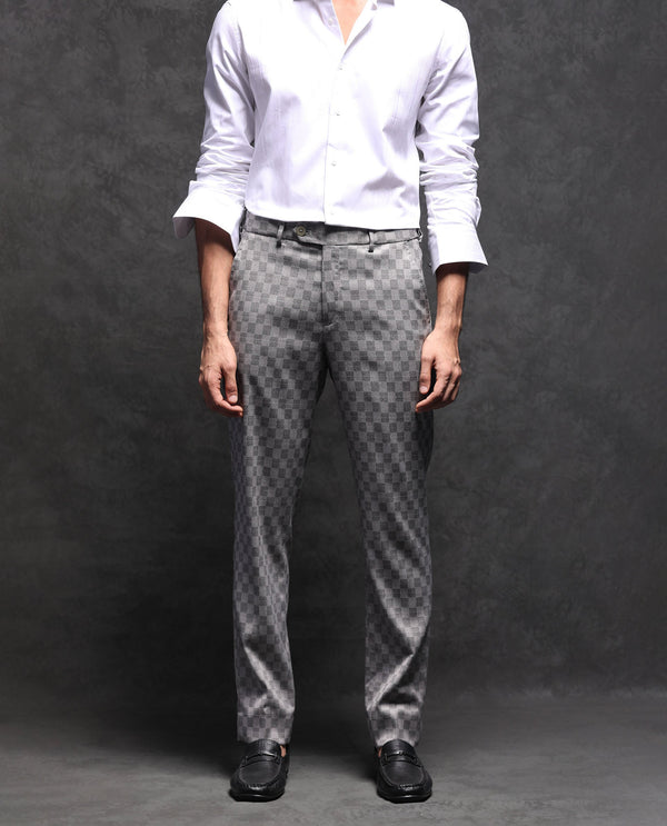 Rare Rabbit Men's Zeta Grey Polyester Viscose Fabric Notch Lapel Button Closure Single Breasted Jacquard Checks Suits