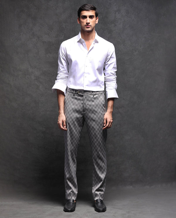 Rare Rabbit Men's Zeta Grey Polyester Viscose Fabric Notch Lapel Button Closure Single Breasted Jacquard Checks Suits
