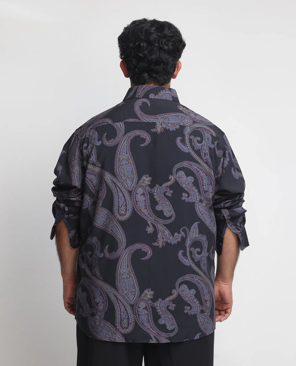 Rare Rabbit Men's Zeus Black Viscose Fabric Full Sleeves Paisley Print Shirt Plus Size