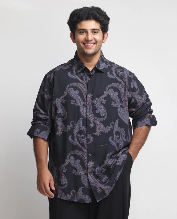 Rare Rabbit Men's Zeus Black Viscose Fabric Full Sleeves Paisley Print Shirt Plus Size