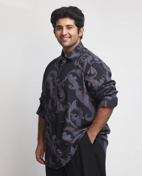 Rare Rabbit Men's Zeus Black Viscose Fabric Full Sleeves Paisley Print Shirt Plus Size