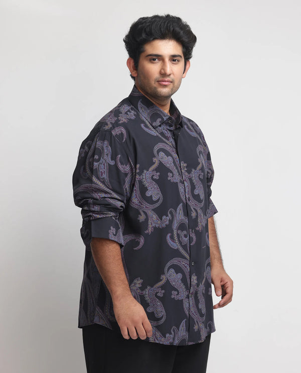 Rare Rabbit Men's Zeus Black Viscose Fabric Full Sleeves Paisley Print Shirt Plus Size
